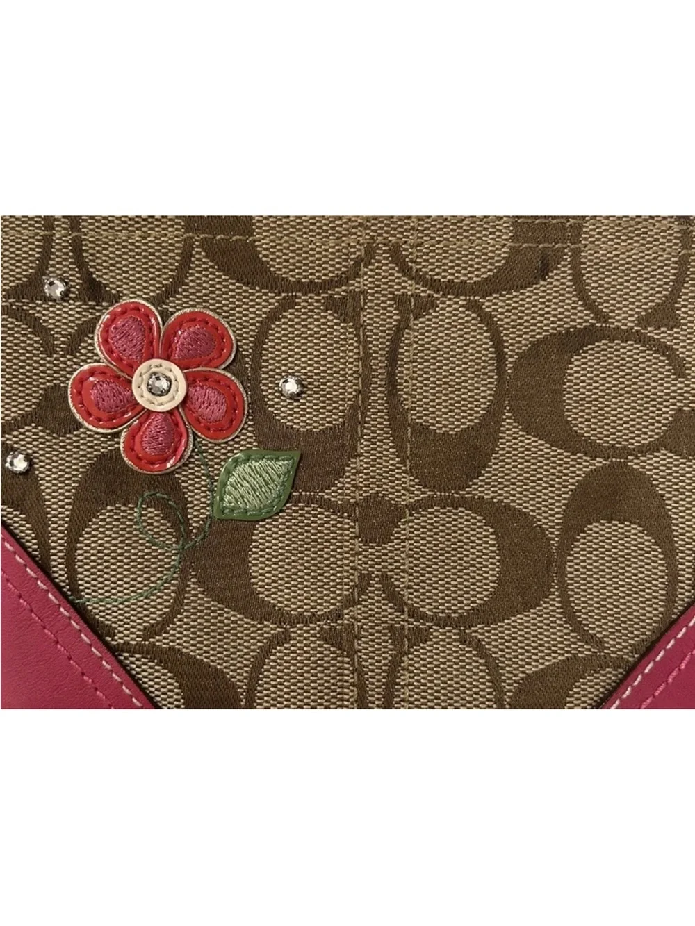 Coach Wristlet Signature Canvas,Hot Pink Leather Trim, Floral Appliqué, Crystals